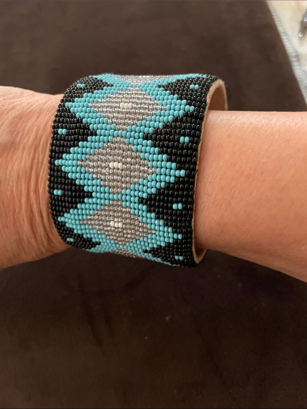 Southwestern Beaded Geometric Cuff Bracelet- Black & Turquoise